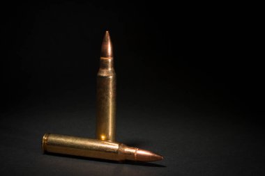 İki tane 223 fişek, biri yere serilmiş, biri ayakta..