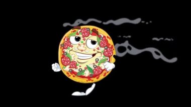 Sıcak Pizza Karakteri Yürüyüşü. Yürüyen bir gülümseyen pizza karakterinin çizgi film animasyonu. Kare kare 2-d animasyon çizilmiş. 1920X1080 alfa kanalı..
