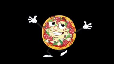 Hot Pizza Karakteri Koşusu. Gülümseyen bir pizzanın çizgi film animasyonu. Kare kare 2-d animasyon çizilmiş. 1920X1080 alfa kanalı..