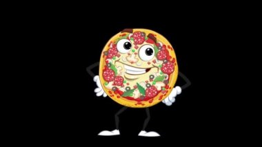 Pizza Karakteri ayakta. Çizgi roman tarzında gülümseyen seksi bir pizza karakterinin renkli çizgi film animasyonu..