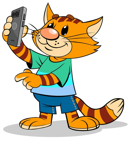 Çizgili kırmızı bir kedinin akıllı telefonuyla selfie çektiği vektör çizimi..