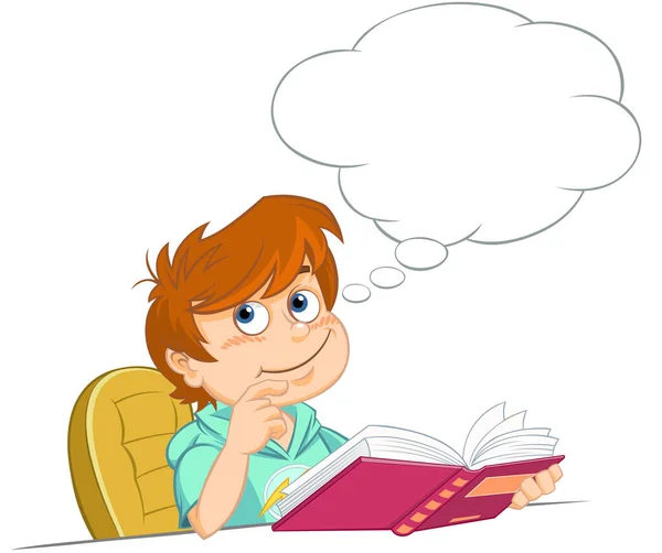 Cartoon thinking boy with book. Colour vector illustration of a cartoon boy reading a bookwith thought bubble. 
