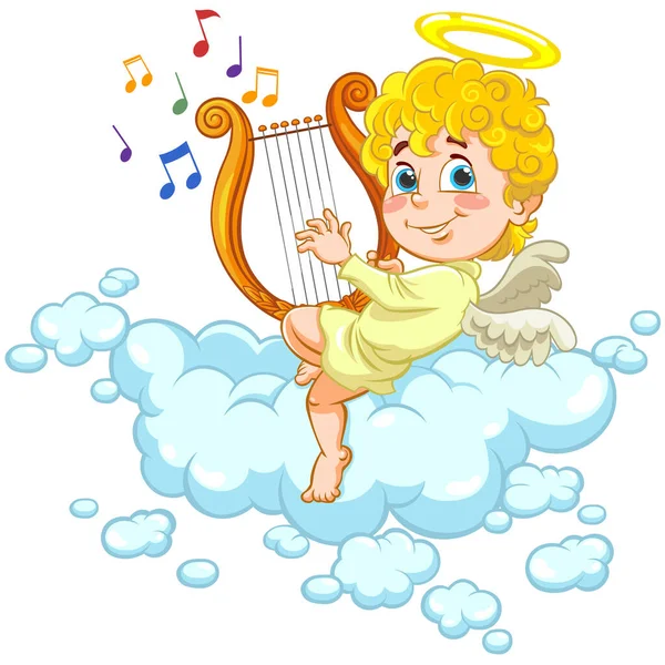 Bulutların üzerinde oturan ve Harp çalan bir meleğin vektör çizimi