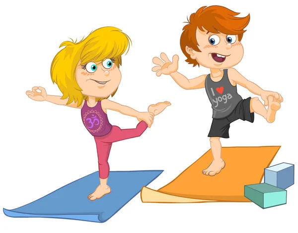 Yoga yapan çocuklar. Matlarda yoga yapan bir kız ve erkek çizgi film karakteri çizimi..