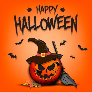 Mutlu Cadılar Bayramı. Şablon bowling tasarımı. İzole bir arka planda cadı şapkasıyla balkabağı şeklinde bowling topu. Pankart, poster, tebrik kartı, davetiye. Vektör illüstrasyonu