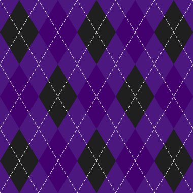 Cadılar Bayramı argyle ekose. Siyah ve mor eşkenar dörtlü İskoç desenleri. İskoç kafesi. Elmasların geleneksel İskoç geçmişi. Kusursuz kumaş dokusu. Vektör illüstrasyonu