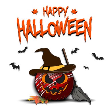 Mutlu Cadılar Bayramı. Şablon Kriket tasarımı. Cadı şapkasıyla kabak şeklinde kriket topu gibi izole bir arka planda. Pankart, poster, tebrik kartı, davetiye. Vektör illüstrasyonu