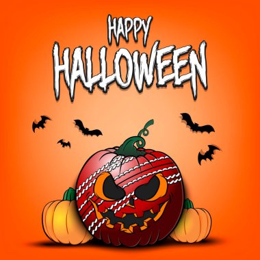 Mutlu Cadılar Bayramı. Şablon kriket tasarımı. İzole bir zemin üzerinde balkabağı şeklinde kriket topu. Afiş, poster, tebrik kartı, broşür, parti davetiyesi. Vektör illüstrasyonu