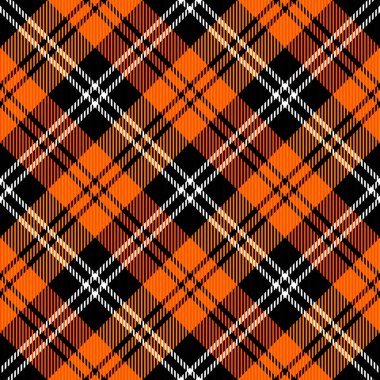 Çapraz tartan Cadılar Bayramı ekoseli. İskoç desenli turuncu ve siyah kafes. İskoç kafesi. Geleneksel İskoç geçmişi. Kusursuz kumaş dokusu. Vektör illüstrasyonu