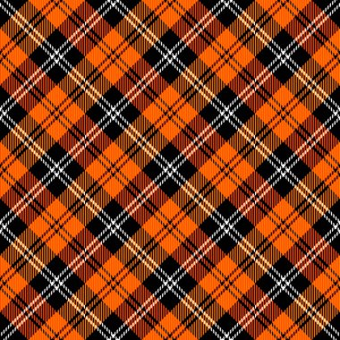 Çapraz tartan Cadılar Bayramı ekoseli. İskoç desenli turuncu ve siyah kafes. İskoç kafesi. Geleneksel İskoç geçmişi. Kusursuz kumaş dokusu. Vektör illüstrasyonu