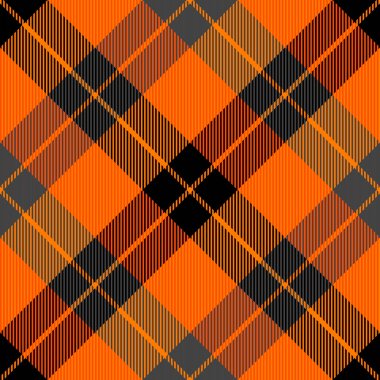 Çapraz tartan Cadılar Bayramı ekoseli. İskoç desenli turuncu ve siyah kafes. İskoç kafesi. Geleneksel İskoç geçmişi. Kusursuz kumaş dokusu. Vektör illüstrasyonu
