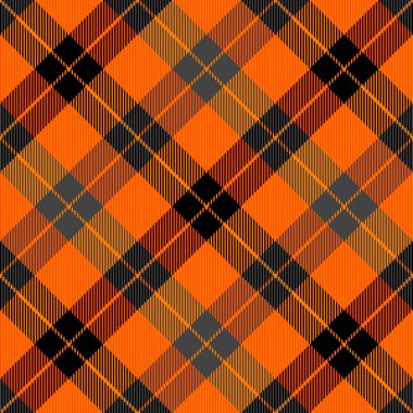 Çapraz tartan Cadılar Bayramı ekoseli. İskoç desenli turuncu ve siyah kafes. İskoç kafesi. Geleneksel İskoç geçmişi. Kusursuz kumaş dokusu. Vektör illüstrasyonu
