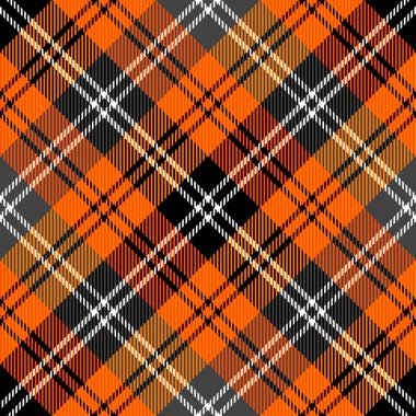 Çapraz tartan Cadılar Bayramı ekoseli. İskoç desenli turuncu, gri ve siyah kafes. İskoç kafesi. Geleneksel İskoç geçmişi. Kusursuz kumaş dokusu. Vektör illüstrasyonu
