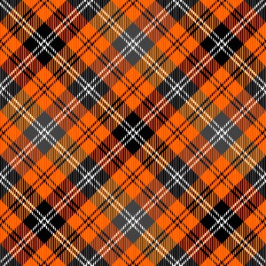 Çapraz tartan Cadılar Bayramı ekoseli. İskoç desenli turuncu, gri ve siyah kafes. İskoç kafesi. Geleneksel İskoç geçmişi. Kusursuz kumaş dokusu. Vektör illüstrasyonu