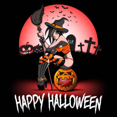 Mutlu Cadılar Bayramı. İçinde kriket topu olan balkabağının üzerinde oturan seksi cadı cadılar bayramı aksesuarlarına karşı. Tebrik kartı ve poster tasarımı. Vektör illüstrasyonu