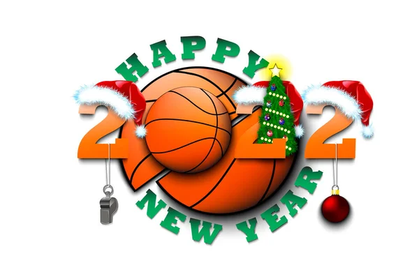 Happy New Year 2022 Basketball Ball Numbers Christmas Hats Whistle — Stock Vector