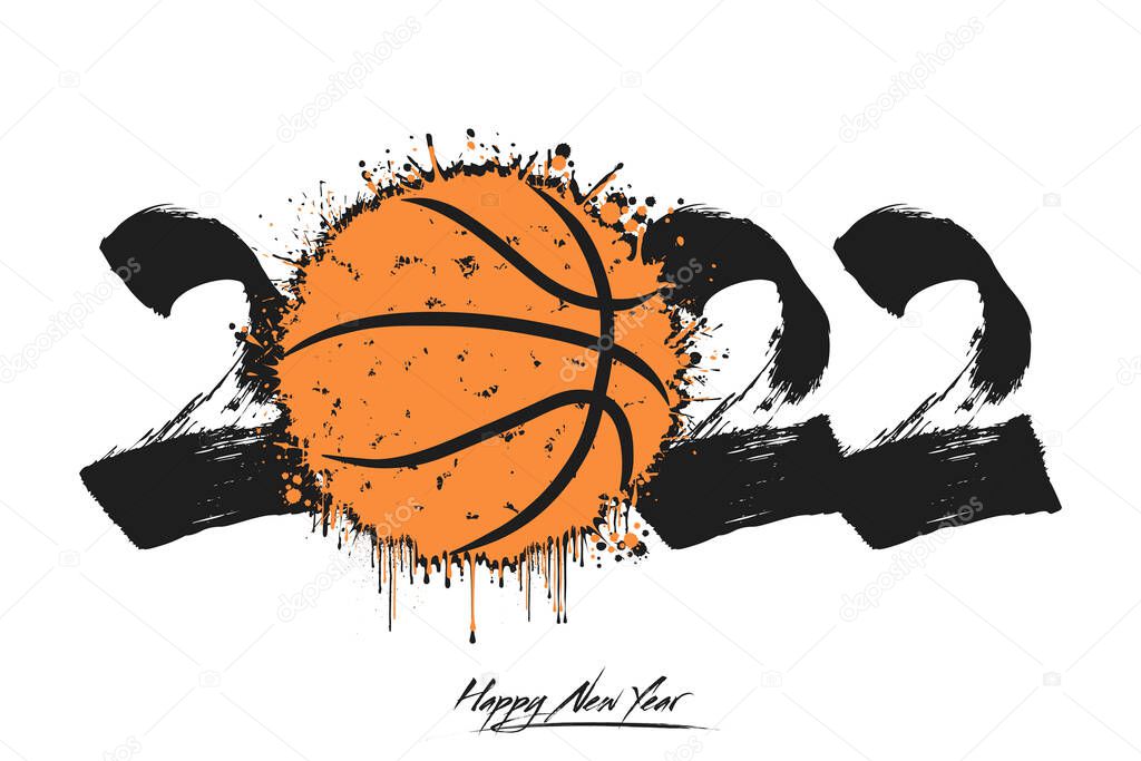 Numbers 2022 and a abstract basketball ball made of blots in grunge style. Design text logo Happy New Year 2022. Template for greeting card, banner, poster. Vector illustration on isolated background