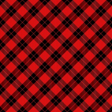 Çapraz ekose Noel ve yeni yıl ekoseli. Kırmızı ve siyah kafeste İskoç deseni. İskoç kafesi. Geleneksel İskoç geçmişi. Kusursuz kumaş dokusu. Vektör illüstrasyonu