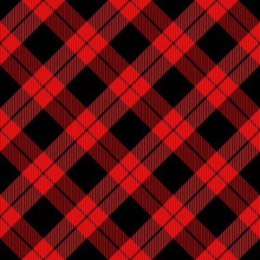 Çapraz ekose Noel ve yeni yıl ekoseli. Kırmızı ve siyah kafeste İskoç deseni. İskoç kafesi. Geleneksel İskoç geçmişi. Kusursuz kumaş dokusu. Vektör illüstrasyonu