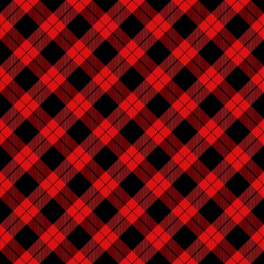 Çapraz ekose Noel ve yeni yıl ekoseli. Kırmızı ve siyah kafeste İskoç deseni. İskoç kafesi. Geleneksel İskoç geçmişi. Kusursuz kumaş dokusu. Vektör illüstrasyonu