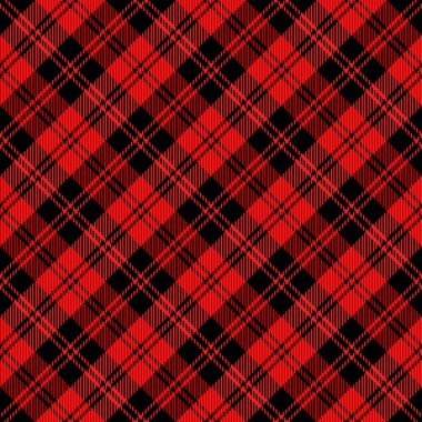 Çapraz ekose Noel ve yeni yıl ekoseli. Kırmızı ve siyah kafeste İskoç deseni. İskoç kafesi. Geleneksel İskoç geçmişi. Kusursuz kumaş dokusu. Vektör illüstrasyonu