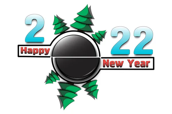 Feliz Año Nuevo 2022 Con Disco Hockey Árboles Navidad Diseño — Vector de stock