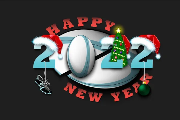 Feliz Año Nuevo 2022 Con Pelota Rugby Números Sombreros Navidad — Vector de stock