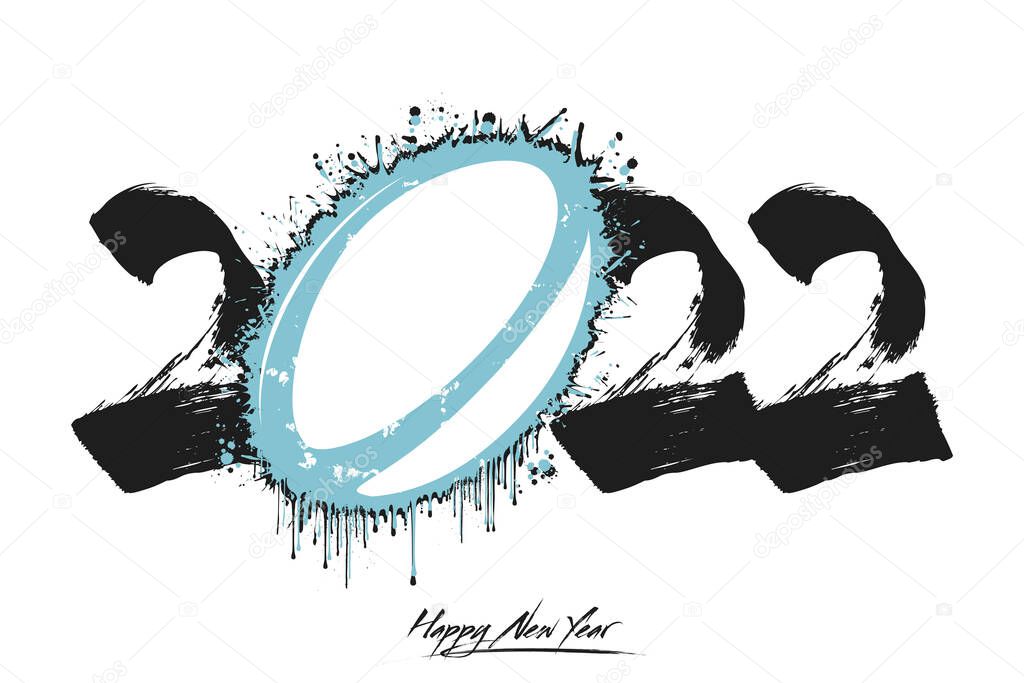 Numbers 2022 and a abstract rugby ball made of blots in grunge style. Design text logo Happy New Year 2022. Template for greeting card, banner, poster. Vector illustration on isolated background