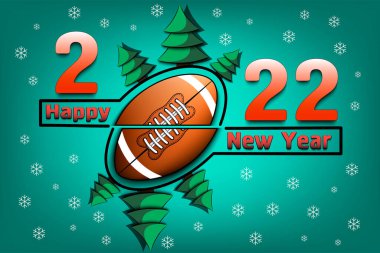 Mutlu yıllar. Futbol topu ve Noel ağaçlarıyla 2022. Tebrik kartı, afiş ve poster için orijinal şablon tasarımı. İzole edilmiş arkaplanda vektör illüstrasyonu