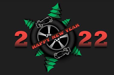 Mutlu yıllar. 2022, araba tekerleği, Noel ağaçları ve araba. Tebrik kartı, afiş ve poster için orijinal şablon tasarımı. İzole edilmiş arkaplanda vektör illüstrasyonu