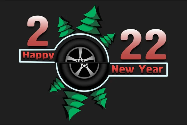 Feliz Año Nuevo 2022 Con Rueda Coche Árboles Navidad Diseño — Vector de stock