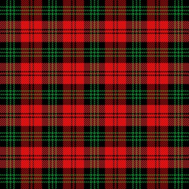 Noel ve yeni yıl ekose kumaşı. İskoç desenli kırmızı, siyah ve yeşil kafes. İskoç kafesi. Geleneksel İskoç geçmişi. Kusursuz kumaş dokusu. Vektör illüstrasyonu