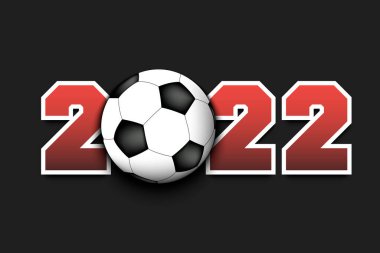2022 numaralı yeni yıl ve izole bir arka planda futbol topu. Tebrik kartı, afiş, poster için tasarım modeli. Vektör illüstrasyonu