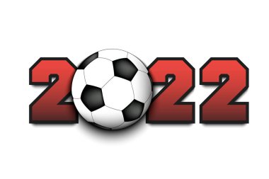 2022 numaralı yeni yıl ve izole bir arka planda futbol topu. Tebrik kartı, afiş, poster için tasarım modeli. Vektör illüstrasyonu