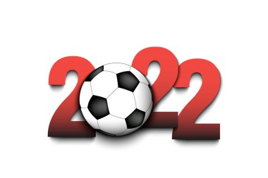 2022 numaralı yeni yıl ve izole bir arka planda futbol topu. Tebrik kartı, afiş, poster için tasarım modeli. Vektör illüstrasyonu