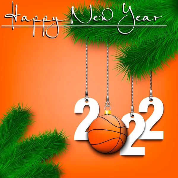 Happy New Year. Numbers 2022 and basketball ball as a Christmas decorations hanging on a Christmas tree branch. Design pattern for greeting card, banner, poster, flyer, invitation. Vector illustration