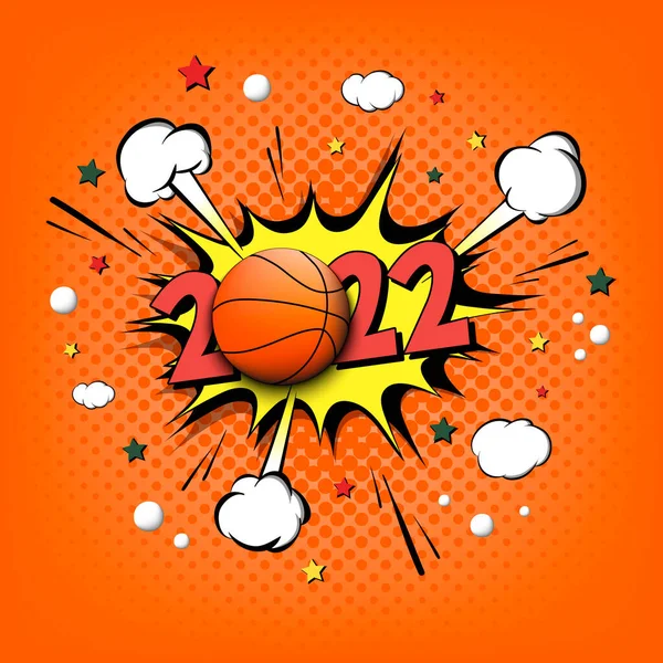 Новогодние Номера 2022 Баскетбольный Мяч Стиле Поп Арта Комический Текст — стоковый вектор