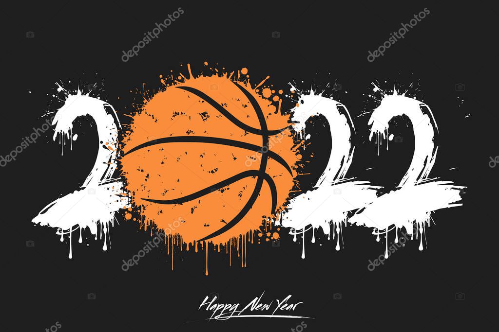 Numbers 2022 and a abstract basketball ball made of blots in grunge style. Design text logo Happy New Year 2022. Template for greeting card, banner, poster. Vector illustration on isolated background