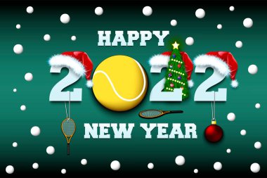 Mutlu yıllar. Tenis topuyla 2022. Noel şapkalı raketli ve Noel ağacı toplu numaralar. Tebrik kartı için orijinal şablon tasarımı. İzole edilmiş arkaplanda vektör illüstrasyonu