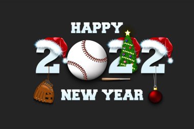 Mutlu yıllar. Beyzbol topuyla 2022. Noel şapkalı, beyzbol eldivenli ve Noel ağacı toplu numaralar. Tebrik kartı için orijinal şablon tasarımı. İzole edilmiş arkaplanda vektör illüstrasyonu