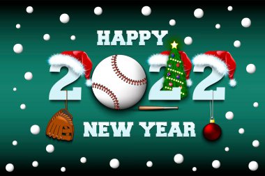 Mutlu yıllar. Beyzbol topuyla 2022. Noel şapkalı, beyzbol eldivenli ve Noel ağacı toplu numaralar. Tebrik kartı için orijinal şablon tasarımı. İzole edilmiş arkaplanda vektör illüstrasyonu