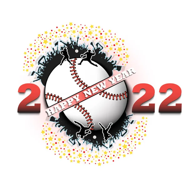 Новым Годом 2022 Бейсбольным Мячом Игрок Болельщики Оригинальный Шаблон Поздравительной — стоковый вектор