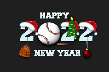 Mutlu yıllar. Beyzbol topuyla 2022. Noel şapkalı, beyzbol eldivenli ve Noel ağacı toplu numaralar. Tebrik kartı için orijinal şablon tasarımı. İzole edilmiş arkaplanda vektör illüstrasyonu