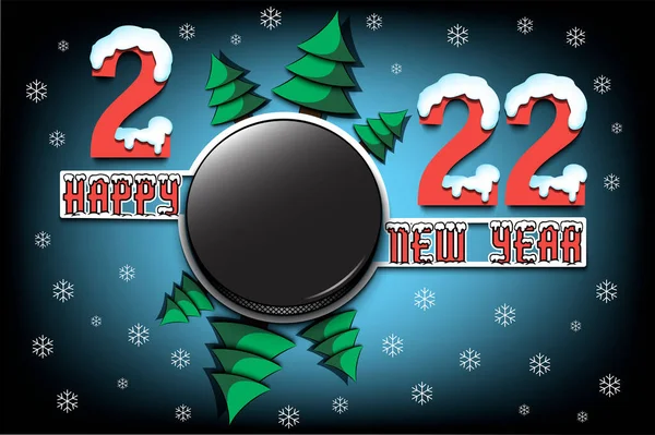 Feliz Año Nuevo 2022 Con Disco Hockey Árboles Navidad Números — Vector de stock