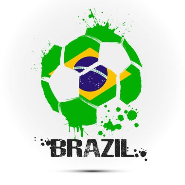 Brezilya ulusal bayrağı renginde soyut futbol topu. İzole bir arka planda yapılmış bir futbol topu şeklinde Brezilya bayrağı. Futbol şampiyonası afişi. Vektör illüstrasyonu