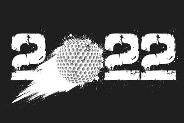 2022 numaralar ve Samanyolu 'nun grunge tarzında yaptığı uçan soyut golf topu. Mutlu yıllar 2022. Tebrik kartı için tasarım şablonu. İzole edilmiş arkaplanda vektör illüstrasyonu