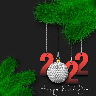 - Mutlu yıllar. 2022 numaralar ve Noel ağacı dalında asılı bir Noel süsü olarak golf topu. Tebrik kartı, afiş, poster, el ilanı, davetiye tasarımı. Vektör illüstrasyonu