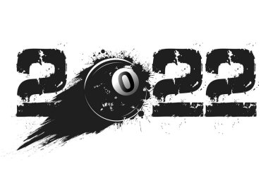2022 numaralar ve Samanyolu 'nun grunge tarzında yaptığı uçan soyut bilardo topu. Mutlu yıllar 2022. Tebrik kartı için tasarım şablonu. İzole edilmiş arkaplanda vektör illüstrasyonu