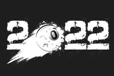 2022 numaralar ve Samanyolu 'nun grunge tarzında yaptığı uçan soyut bilardo topu. Mutlu yıllar 2022. Tebrik kartı için tasarım şablonu. İzole edilmiş arkaplanda vektör illüstrasyonu