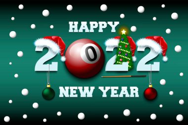 Mutlu yıllar. Bilardo topuyla 2022. Noel şapkaları ve Noel ağacı toplarındaki numaralar. Tebrik kartı için orijinal şablon tasarımı. İzole edilmiş arkaplanda vektör illüstrasyonu